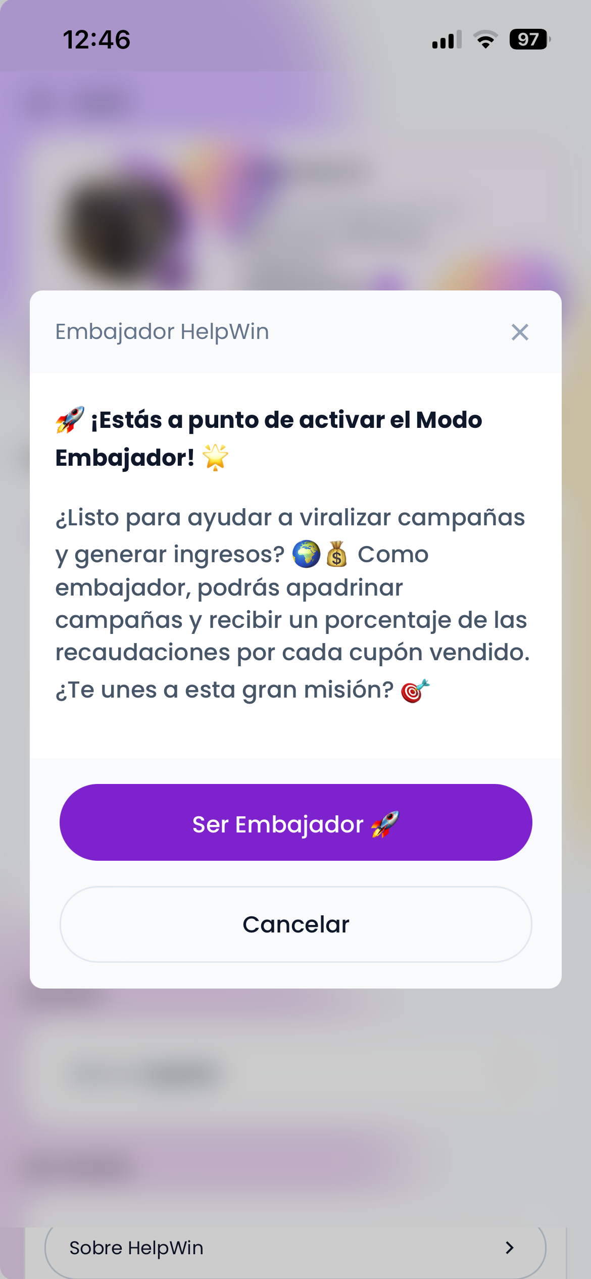 Perfil del embajador en la app HelpWin — vista 2