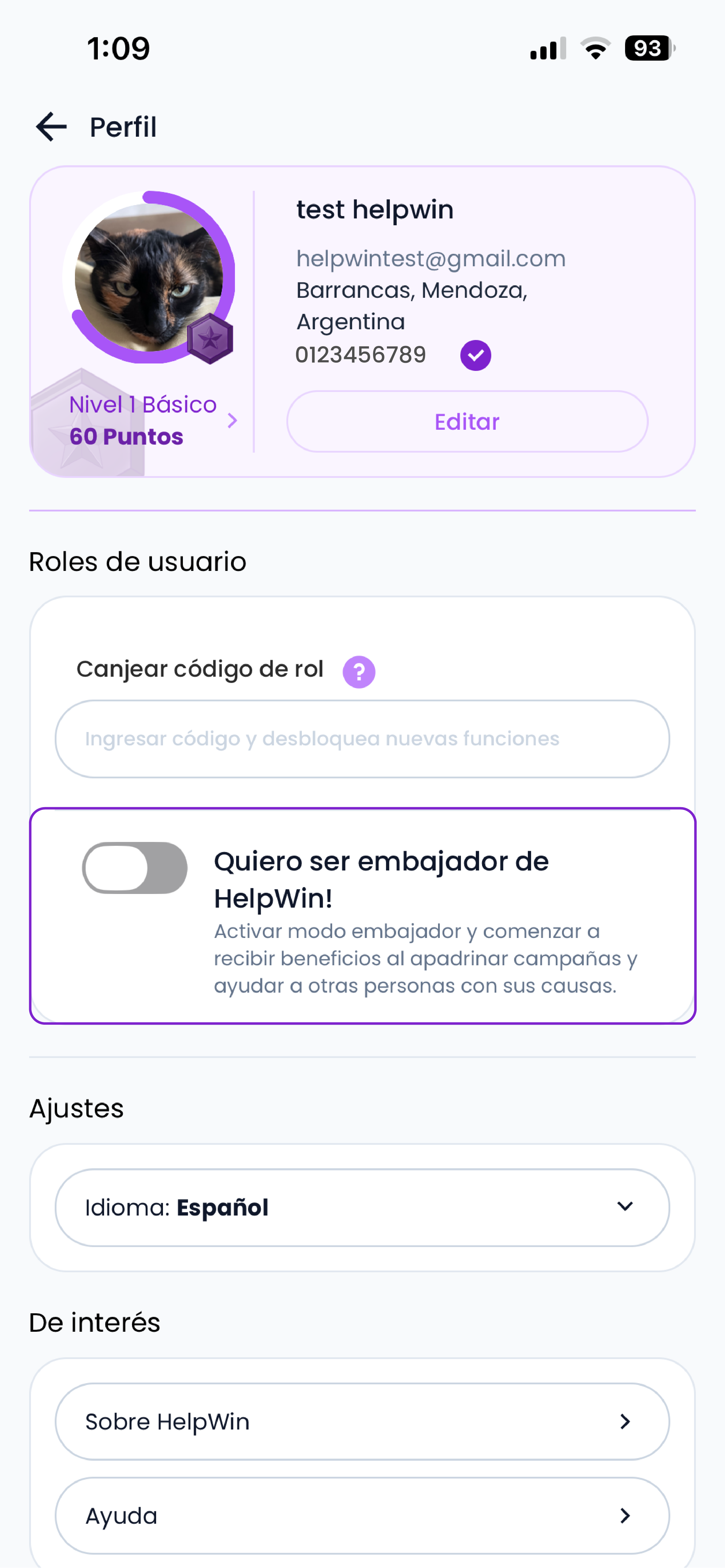Perfil del embajador en la app HelpWin — vista 1