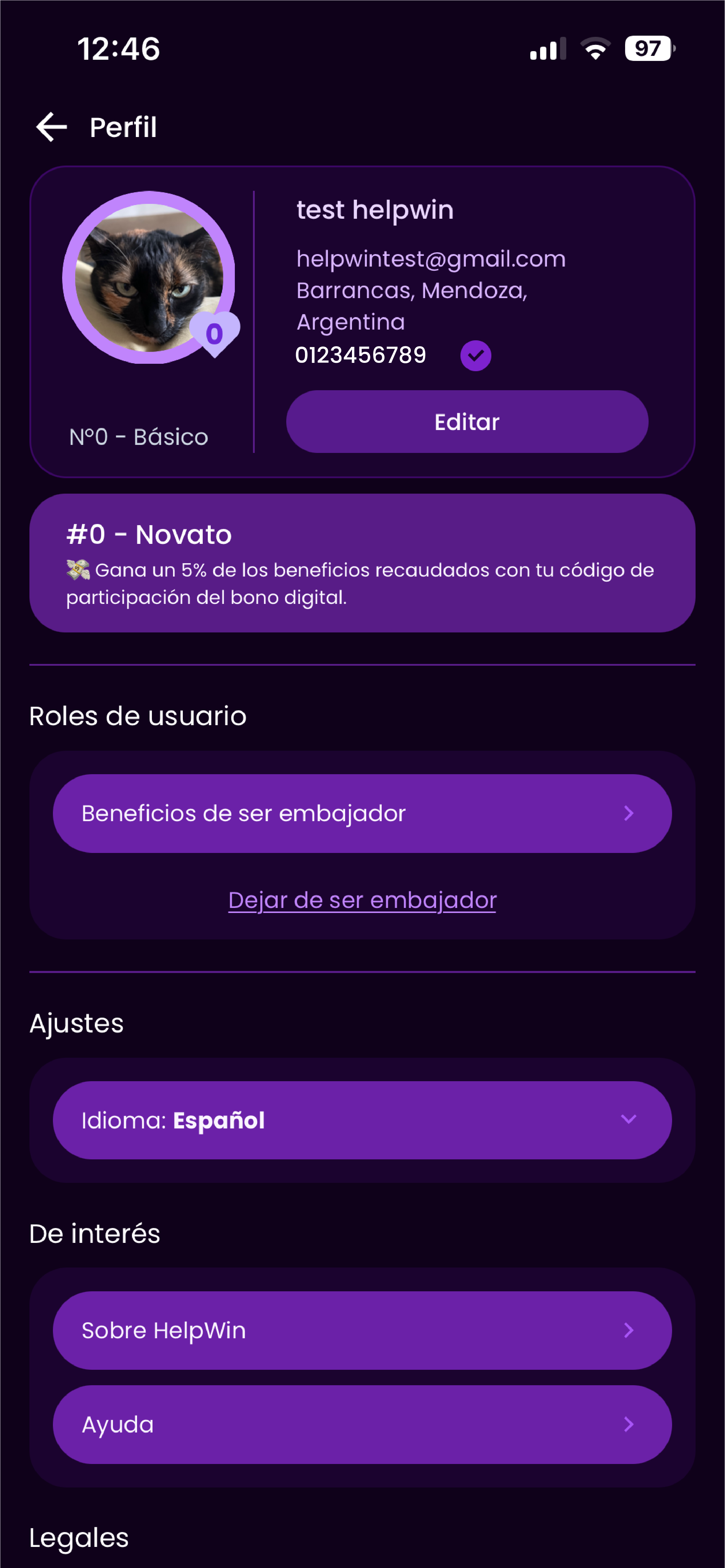 Perfil del embajador en la app HelpWin — vista 4