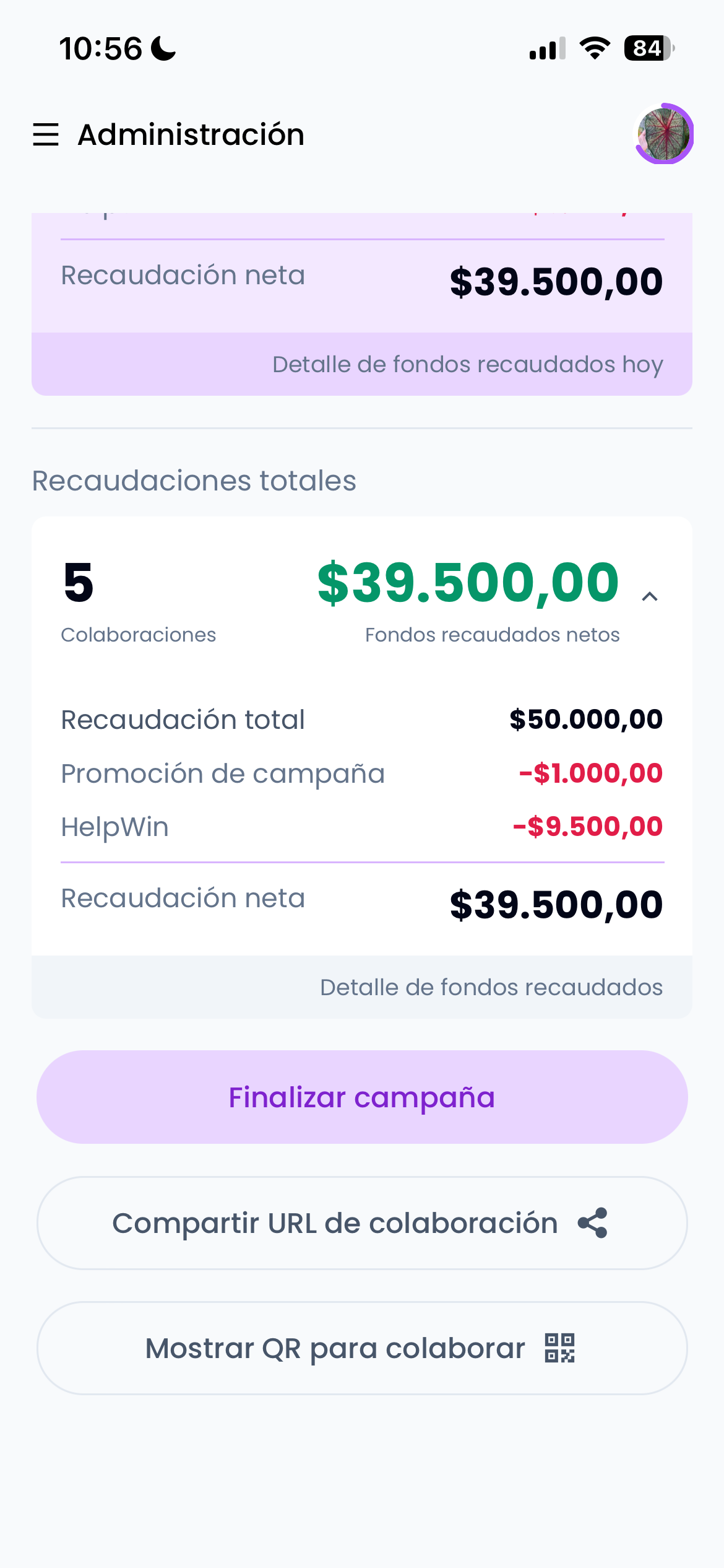 Panel de recaudación: recaudación total acumulada