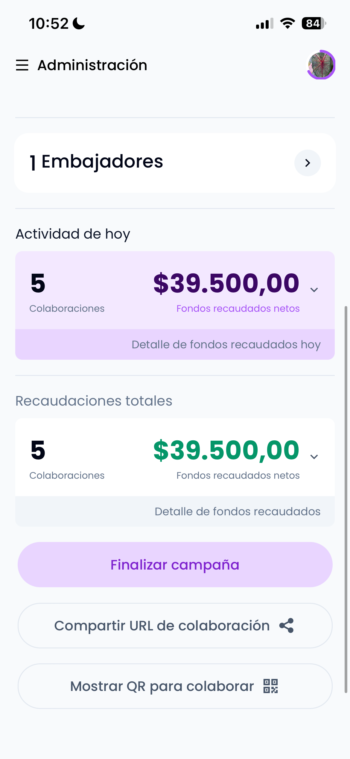 Panel de recaudación: cupones vendidos del día