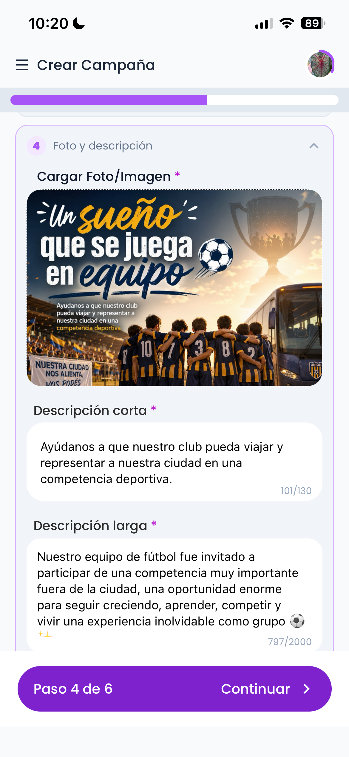 Carga imagen y descripción