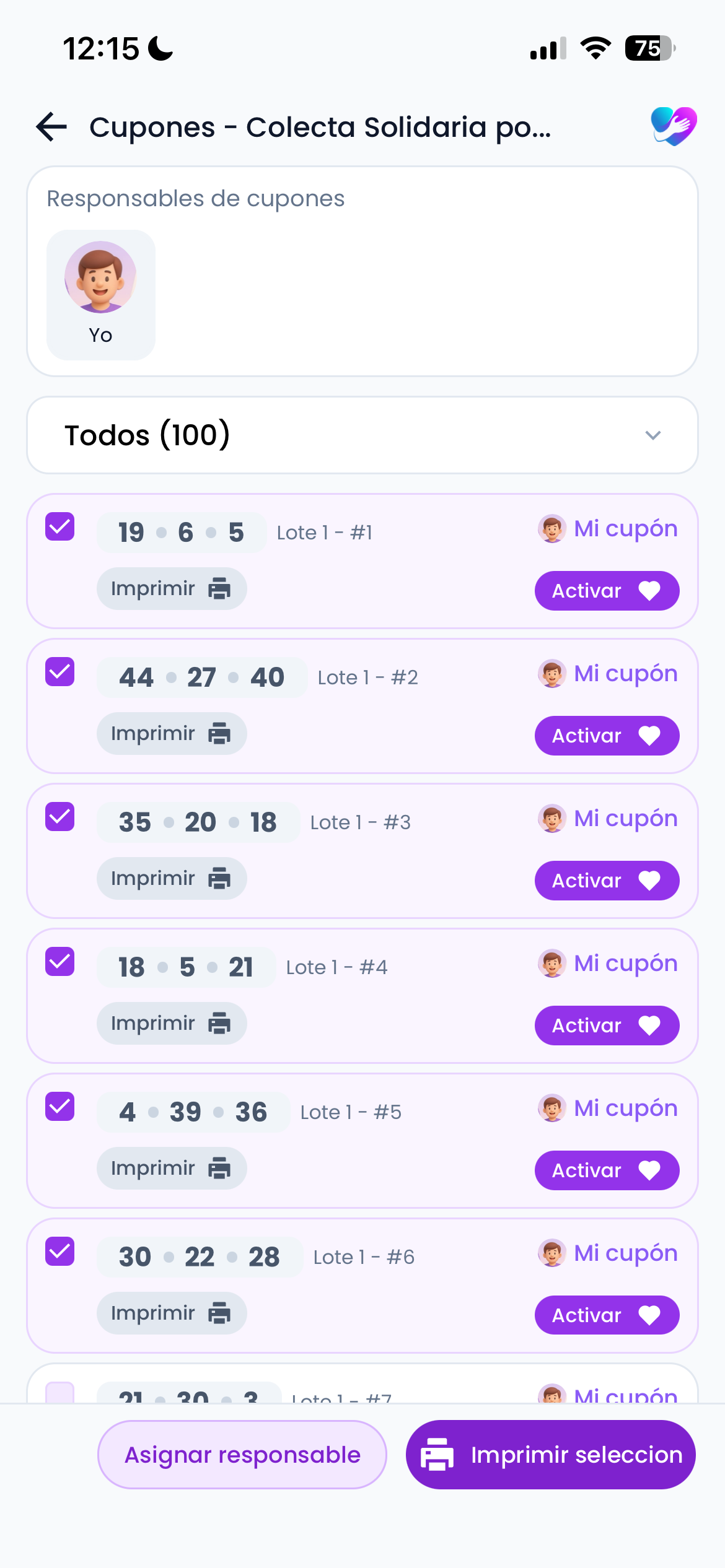 Seleccionar cupones para asignar - paso 1