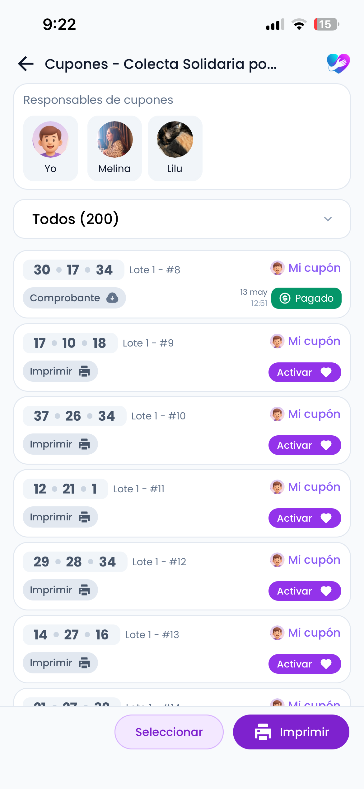 Vista de la lista de cupones del E-bono
