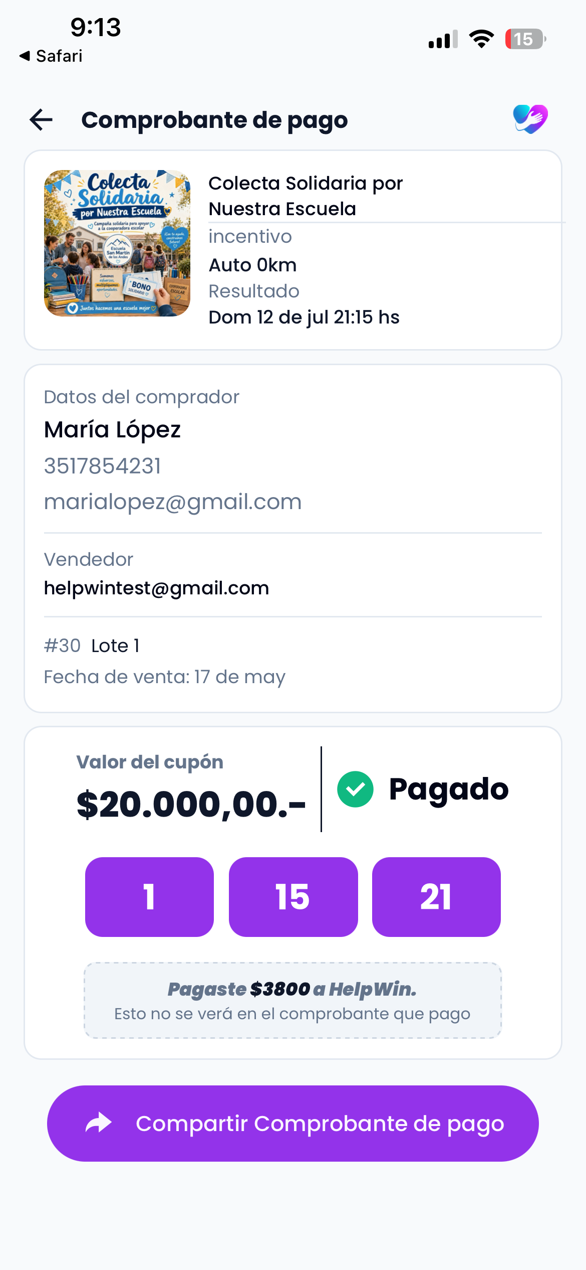 Comprobante de participación para compartir por WhatsApp